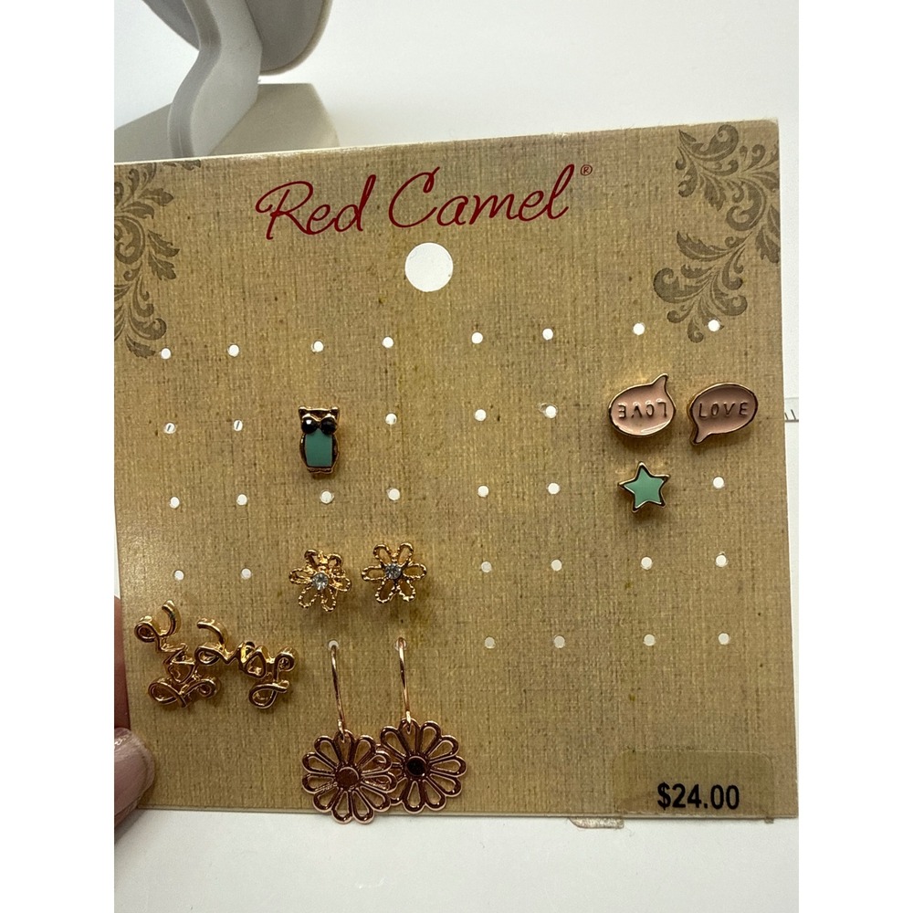 Red Camel Rose Gold Tone Earring Set Love Owl Flower Star Enamel‎ Studs Drops